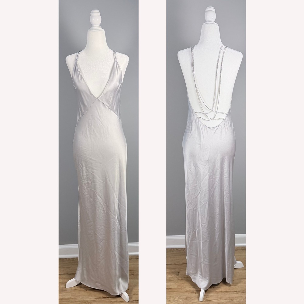 Victoria's Secret Twinkle Strap Satin Long Slip Dress Silver Open Back S NWT